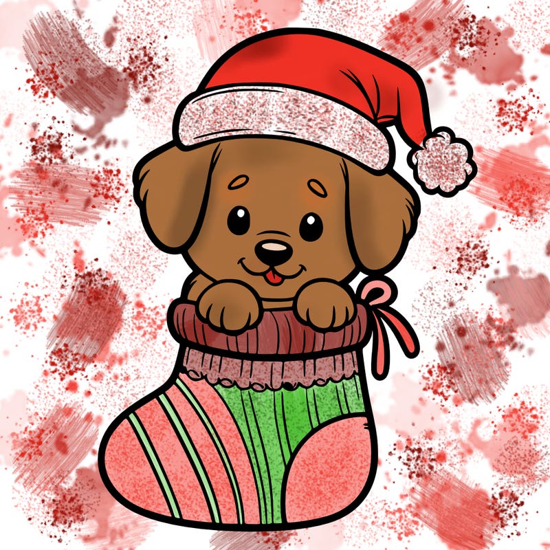 cute puppy wearing santa hat in socking