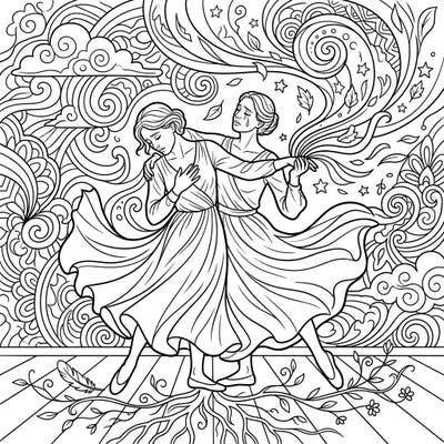 Discover a deeply moving coloring page portraying two women in an expressive dance, embodying themes of grief and remembrance. This intricate design offers a reflective and soothing artistic experience.