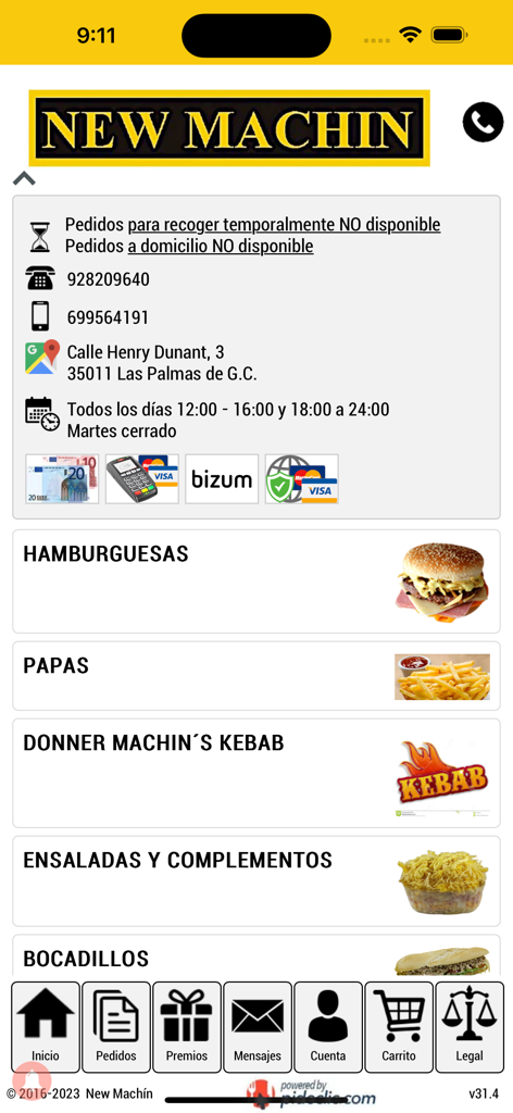 Pantalla de inicio de la aplicación New Machin 4.0 que muestra información de contacto del restaurante y categorías del menú de comida