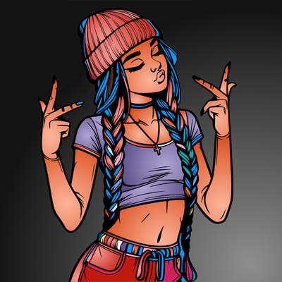 realistic teenage girl with braids and a beanie and crop top doing 🫶🏼