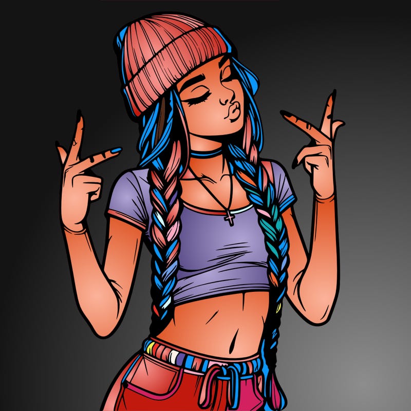 realistic teenage girl with braids and a beanie and crop top doing 🫶🏼