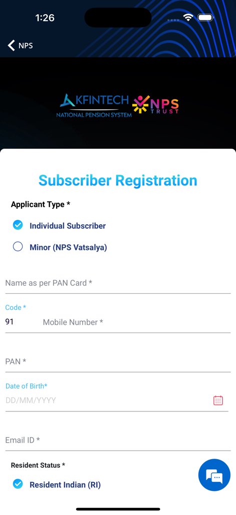 KFinKart App-Bildschirm zur Registrierung von National Pension System (NPS)-Teilnehmern, der Felder für PAN-Kartennummer, Name, Handynummer und Wohnsitzstatus anzeigt.