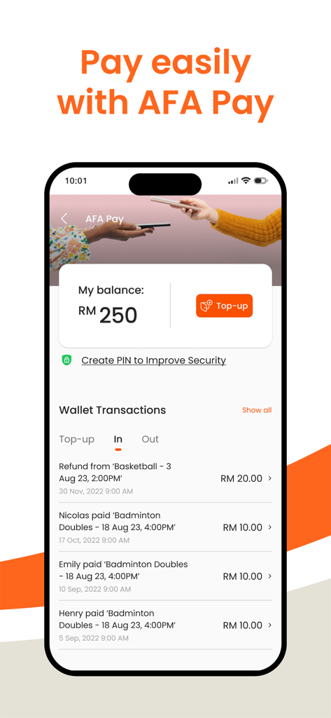 AFA: Meet People, Play Sports - Pantalla AFA Pay que muestra el saldo de la billetera electrónica y el historial de transacciones recientes de actividades deportivas