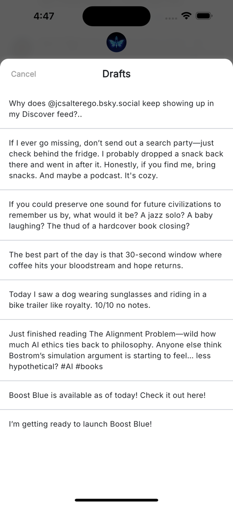 Boost Blue for Bluesky - Captura de pantalla de la pantalla de Borradores en la aplicación Boost Blue para Bluesky que muestra varios borradores de publicaciones guardados.
