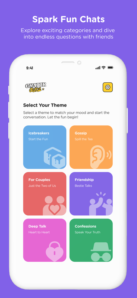 Chattr: Fun Quiz Games - Interfaz de la aplicación Chattr mostrando temas de conversación como Rompehielos y Charla Profunda
