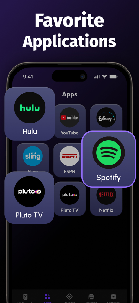 TV Remote for Roku Control - Interface do aplicativo de controle remoto Roku mostrando uma grade de aplicativos de streaming favoritos, incluindo Hulu, Netflix e Spotify.