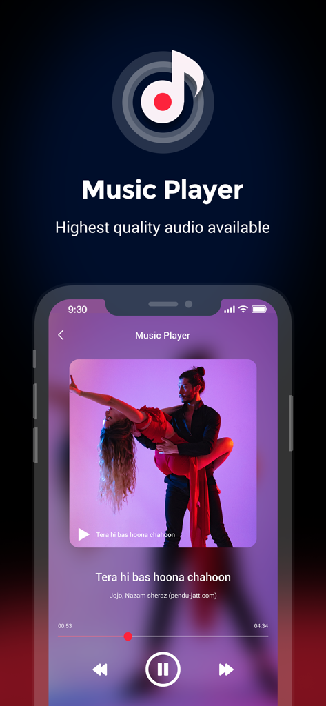 Interfaz de la aplicación Offline Music Player mostrando una canción reproduciéndose con etiqueta de audio de alta calidad y tema morado