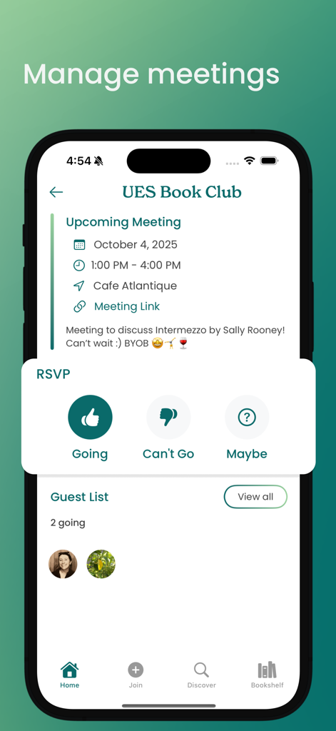 Storyline – Book Club App - Interface do aplicativo Storyline mostrando uma próxima reunião do clube do livro para UES Book Club com opções de RSVP e lista de convidados