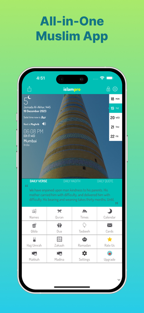 Islam Pro: Quran Prayer Qibla - Islam Pro app interface showing prayer times Quran and Islamic features