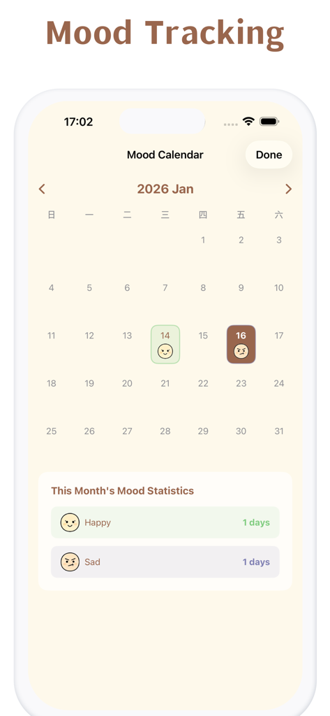 DrawFish – Cyber Fish Tank - Eine minimalistische Benutzeroberfläche zur Stimmungsverfolgung im DrawFish-App-Kalender, die monatliche Stimmungsstatistiken mit Emojis anzeigt