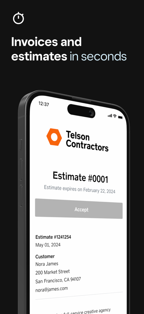 Square Invoices: Invoice Maker - A smartphone screen displaying a professional digital estimate from a contractor using the Square Invoices app