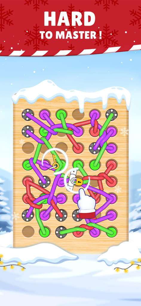 Un nivel de rompecabezas 3D de desatar cuerdas difícil de dominar con tema invernal y tablero de madera.