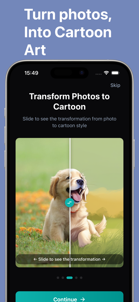 Animefy AI - Anime & Cartoon - Before and after comparison of a pet dog photo transformed into a cartoon using Animefy AI