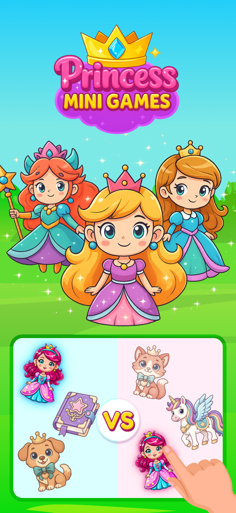 Princesses brain game match - Pantalla del juego de memoria de princesas que muestra un puzle de parejas visuales con adorables iconos de princesas y animales