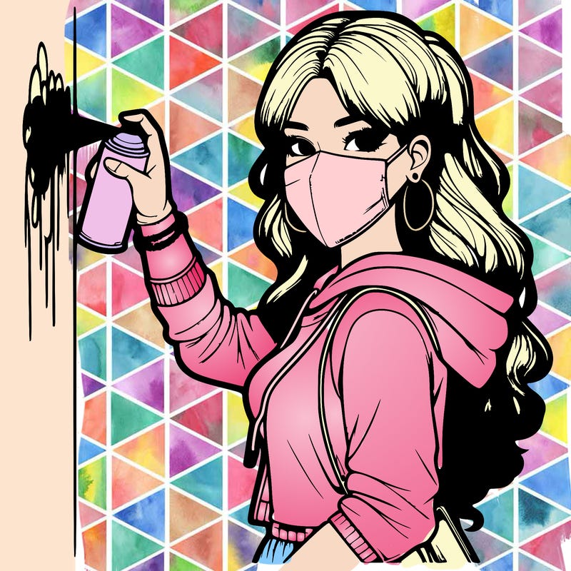 realistic girl with mask spray painting a wall