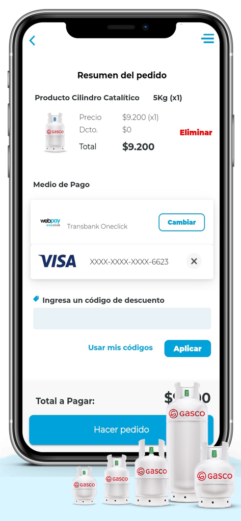 Kassenbildschirm der Gasconnect-App mit Bestelldetails und Zahlungsoptionen