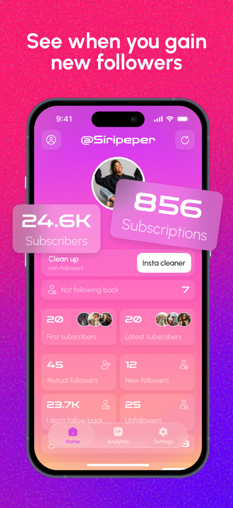 Tela inicial do aplicativo móvel mostrando estatísticas de crescimento de seguidores e de quem deixou de seguir no Instagram