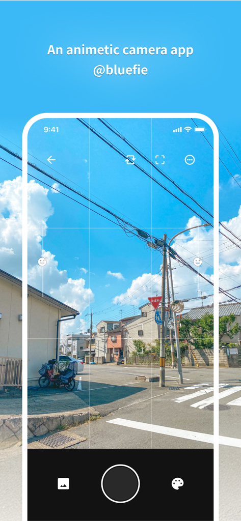 bluefie - Shota’s Anime camera - Interface of the bluefie anime camera app showing a street scene with a vibrant blue sky filter
