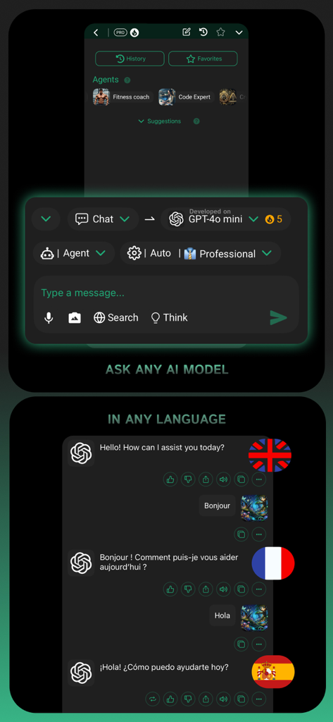 Clever AI Hub - Pro AI Agents - Clever AI Hub app interface displaying multilingual chat conversations and AI model selection