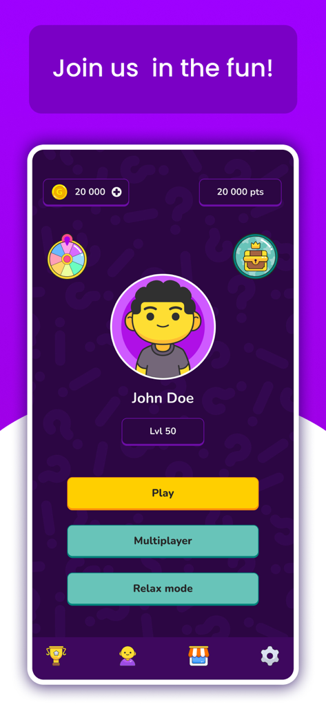 Quizit - Trivia and Knowledge - Quizit app user profile interface displaying player level 50 coins and game modes like multiplayer and relax mode