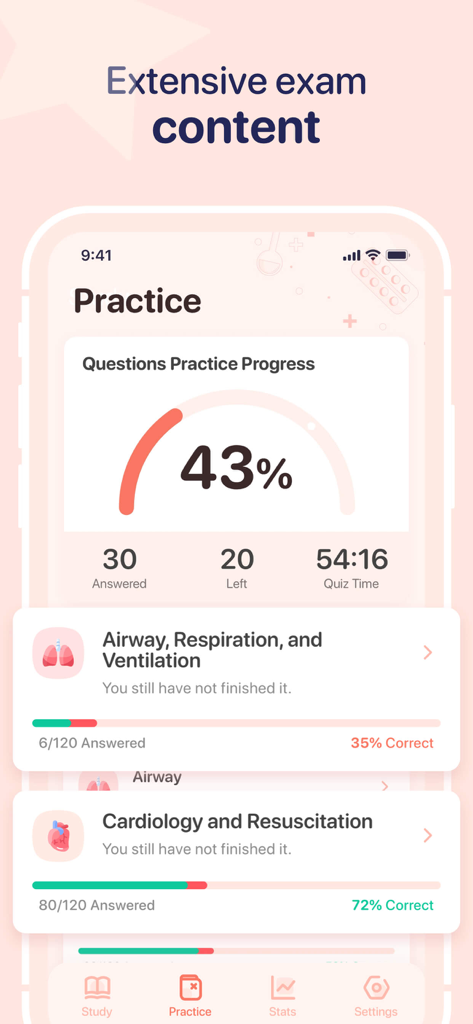 EMT Exam Prep 2026 - Mobile app screen showing EMT exam practice progress and subject categories like Cardiology and Airway.