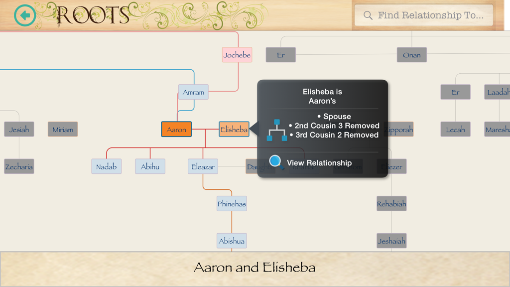 Interface of the Bible Family Tree app displaying the genealogical relationship and lineage between Aaron and Elisheba.