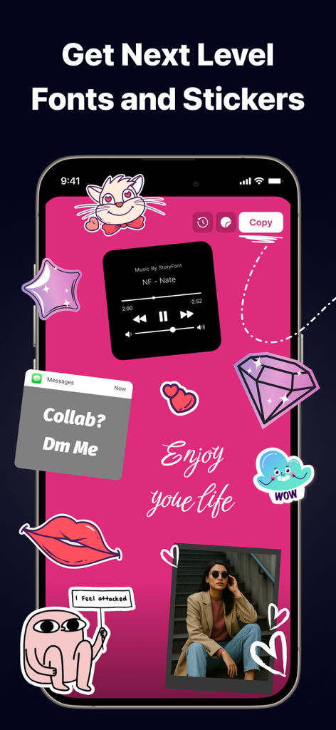 StoryFont for Instagram Story - Tela do celular mostrando adesivos estéticos e fontes cursivas estilosas para stories de redes sociais
