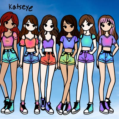 a group of girls wearing crop tops and shorts