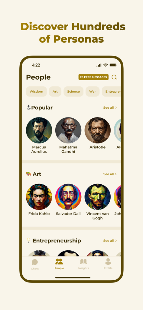 Hello History - AI Chat - The Hello History app discovery screen showing historical personas like Marcus Aurelius and Frida Kahlo