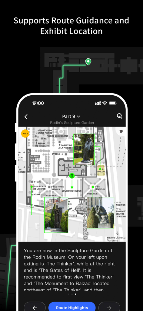 Mobile App-Oberfläche, die eine interaktive Museumskarte mit Routenführung und Skulpturenstandorten anzeigt