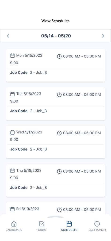 Tela de horários semanais no aplicativo Relógio TimeClock Plus mostrando horários de turno e códigos de trabalho