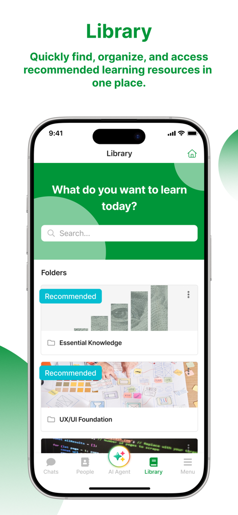 CPF Connect - The library screen of the CPF Connect app showing recommended learning resources and folders for corporate training