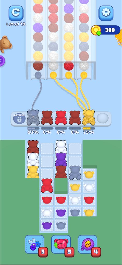 Knit Craze: Color Wool Sort - Gameplay screen of Knit Craze showing colored yarn balls and bear-shaped bobbins in a sorting puzzle
