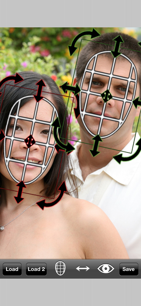 Manual face mask adjustment interface in the iSwap Faces Pro app with rotation and scale arrows