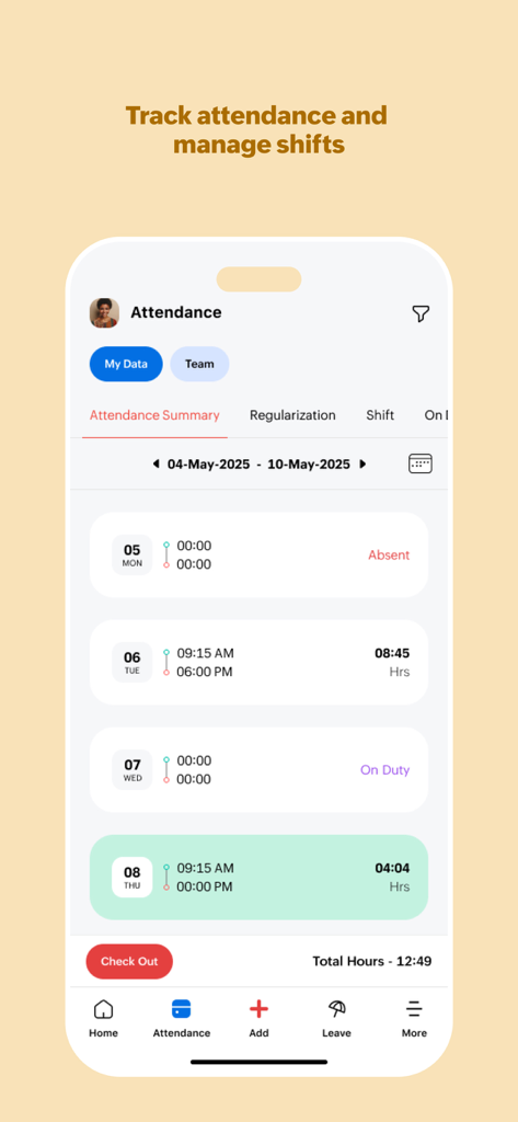 Zoho People mobile app attendance summary showing daily work hours and shift tracking