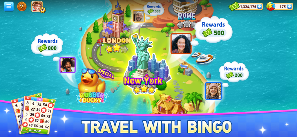 Bingo Vacation - Bingo Games - Bingo Vacation game interface showing a world map with travel destinations and rewards
