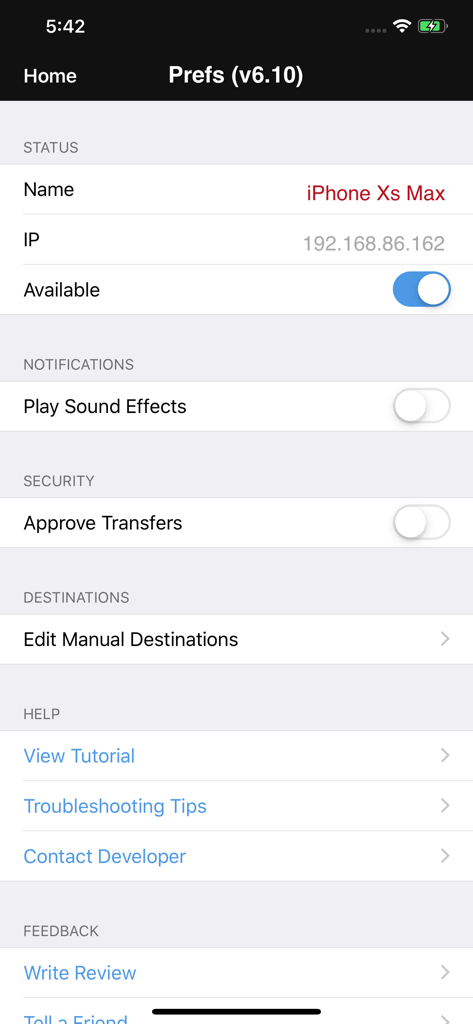 Preferences screen of the DropCopy app showing device status, security settings, and help links.