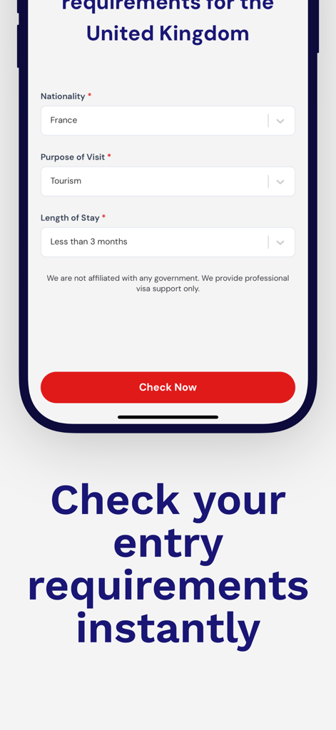UK ETA Visa Services - Formulario en la aplicación UK ETA Visa Services para verificar los requisitos de entrada por nacionalidad y propósito de la visita