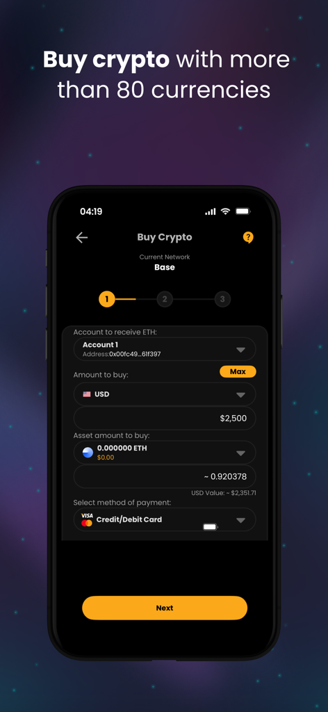 Internet Money - Crypto Wallet - Interface of the Internet Money Crypto Wallet showing how to buy Ethereum using a credit card and USD on the Base network.