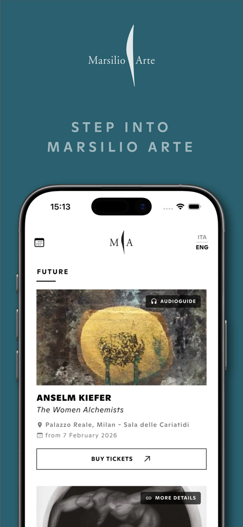 Marsilio Arte - iPhone screenshot of the Marsilio Arte app displaying an exhibition page for Anselm Kiefer with options to buy tickets and access an audioguide