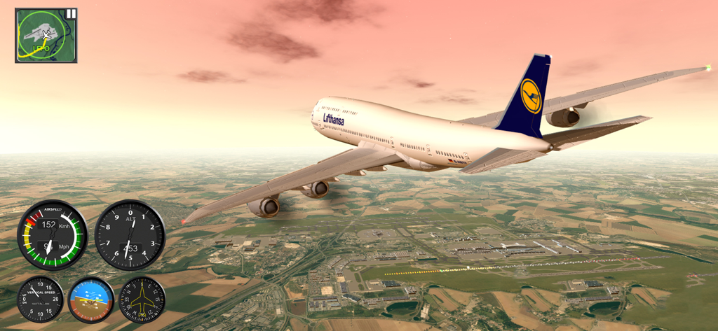 Flight Simulator FlyWings 2015 - Avión comercial volando sobre un aeropuerto con instrumentos de vuelo funcionales mostrados