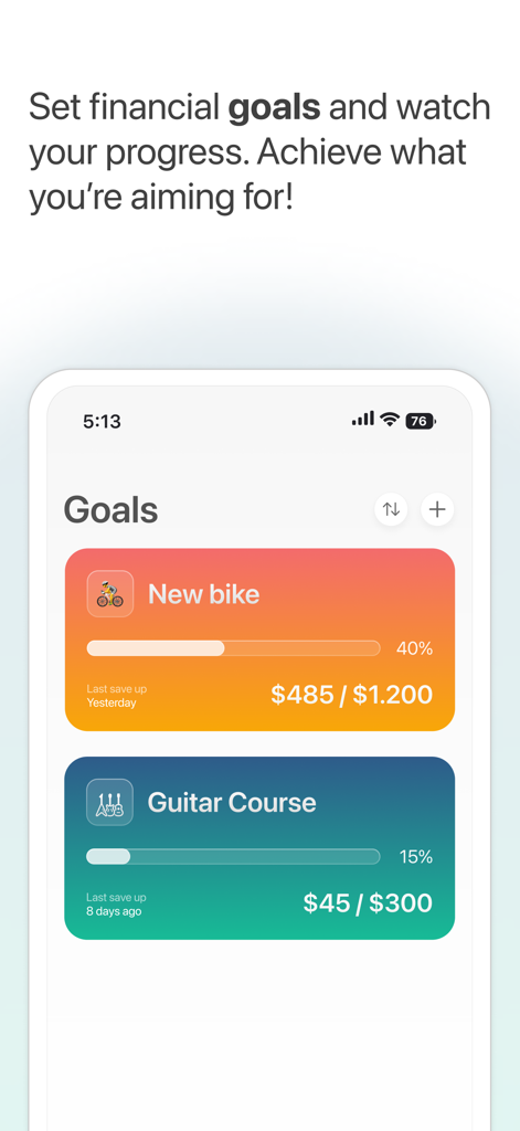 Goal Tracker: Save & Budget - Mobile app screen showing colorful savings goals for a new bike and a guitar course with percentage progress bars