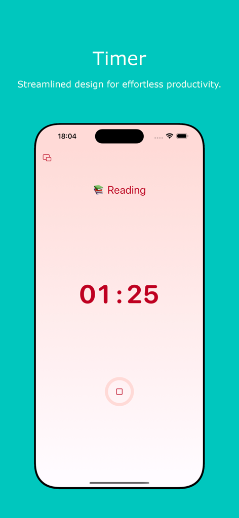 Hours: Time Log & Work Tracker - Interfaz de smartphone de la aplicación Horas con un temporizador de lectura limpio sobre un fondo rosa.