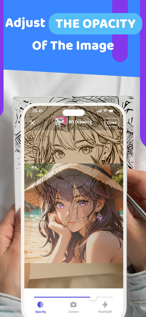 AR Drawing: Simply Draw, Trace - Tracing an anime character on paper using the AR Drawing app opacity slider