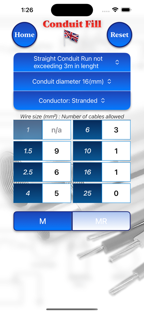 Conduit Filler - Conduit Filler app screen displaying cable capacity and wire sizes for sixteen millimeter conduit based on UK standards