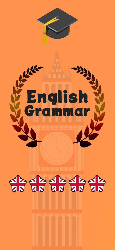 Perfect English Grammar - Pantalla de inicio de la aplicación Perfect English Grammar con el Big Ben y un birrete de graduación