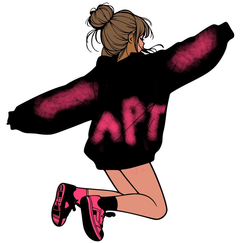 realistic girl jumping with a bun and oversized sweatshirt