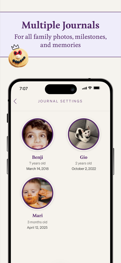 Qeepsake: Journal & Milestones - Qeepsake app screen showing journals for multiple children and a pet