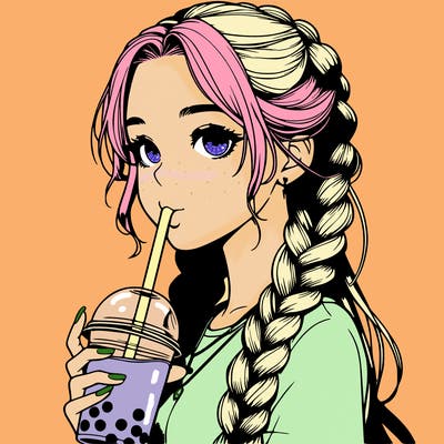 realistic girl with braided hair drinking boba