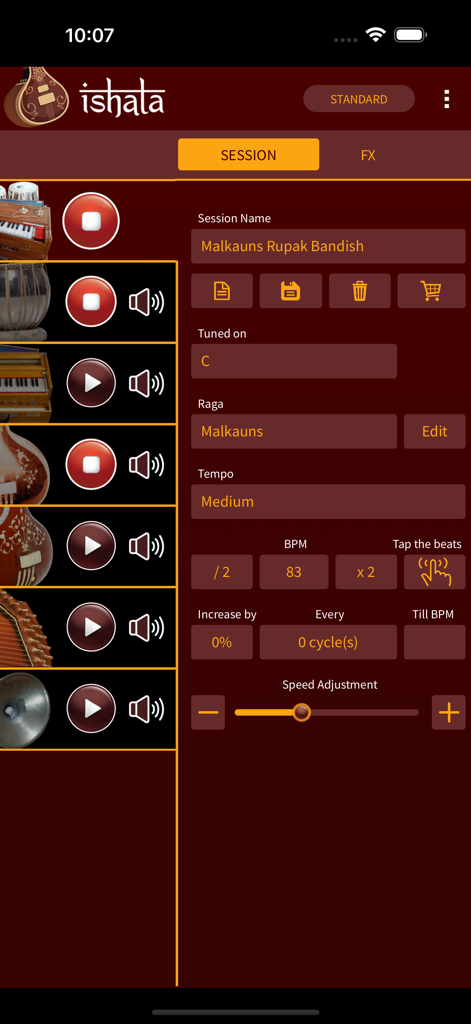 iShala - Interface de l'application iShala affichant les paramètres de session pour le raga Malkauns avec commandes d'instruments et réglages de tempo.